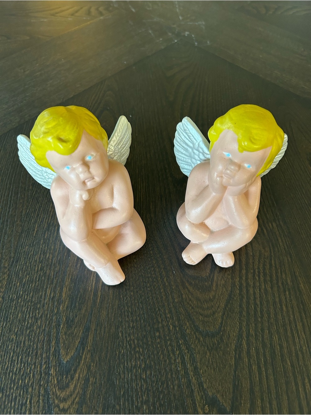 Vintage Hand Painted Cherub Angel Figurine Candle Holder Pair
